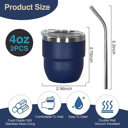 4oz Stackable Cup, Vacuum Insulated Espresso Cup Set of 2, Espresso Shot Glass for Coffee, Double Wall Stainless Steel Mini Tumbler Shot Glasses with Straw and Lid (A-navy2P, 4oz)
