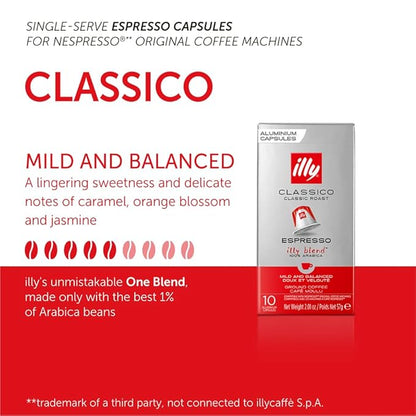 Illy Espresso Compatible Capsules - Single-Serve Coffee Capsules & Pods - Classico Roast - Notes Of Caramel, Orange Blossom & Jasmine Coffee Pods - For Nespresso Coffee Machines – 10 Count