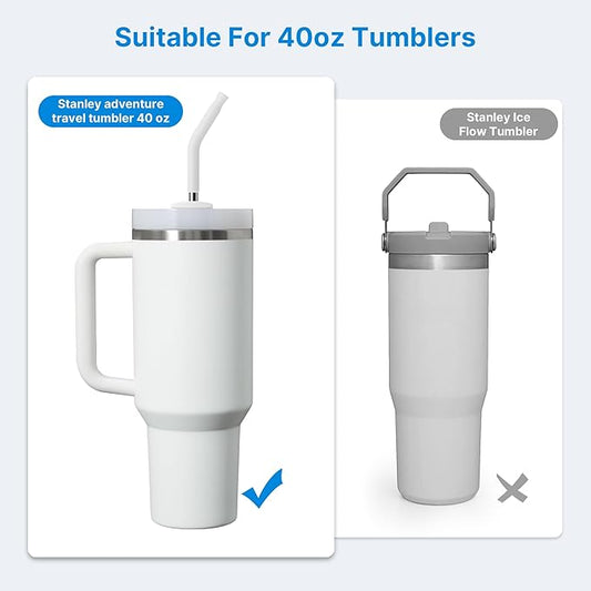 Metal Straw with Silicone Tip for 40oz Stanley Cup, 2 Pcs Stainless Steel Straws Replacement for Stanley 40 oz Adventure Quencher Travel Tumbler Cup, 1 Straw Brush (White)