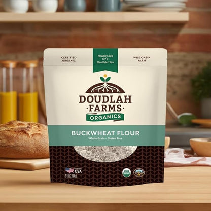 Organic Buckwheat Flour 5 lb - Non-GMO, USDA Organic, Gluten Free, Vegan - For Baking Bread, Pancakes, and More! Grown In USA, Farmed From Regenerative Soil by Doudlah Farms