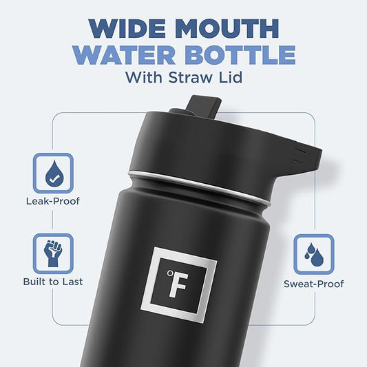 IRON °FLASK Camping & Hiking Hydration Flask with 3 Lids - Stainless Steel, Double Walled & Vacuum Insulated Water Bottle - Leak Proof & BPA Free (Day & Night, Straw - 18 oz)
