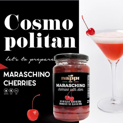 Nappi 1911, Maraschino Cocktail Cherries with Stem in Syrup, 13.76 oz (390 g) Jar, Product of Italy