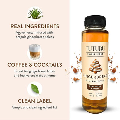 Gingerbread Simple Syrup for Coffee, Cocktails, Matcha - Sweetened with Agave Nectar - Infused with Real Gingerbread Spices - 13.5 oz