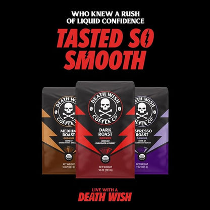 Death Wish Coffee, Organic and Fair Trade Medium Roast Ground Coffee, 16 Ounce (Pack of 1)