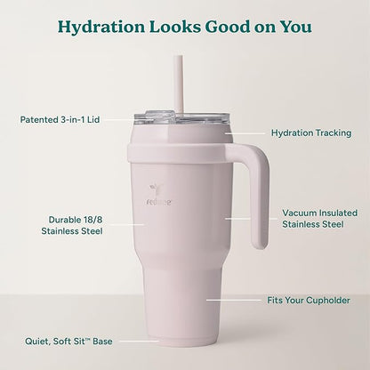 REDUCE Cold1 40 oz Tumbler with Handle - Vacuum Insulated Stainless Steel Water Bottle for Home, Office or Car, Reusable Mug with Straw or Leakproof Flip Lid, Keeps Drinks Cold All Day- Gloss Cotton
