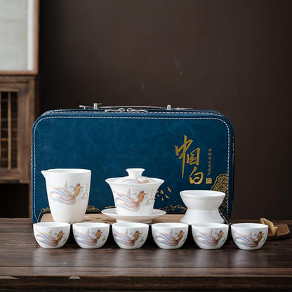 ICHAG Chinese Tea Set, Gongfu Tea Sets for Adults, China Gaiwan Teaset, 14-Piece Yangzhi Jade (茶具) Porcelain Set with Tea Pet, Portable Travel Teaset for Home, Outdoor, Office Gifts (White)