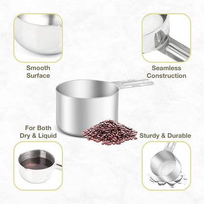 2PCS 1Cup (240ml, 8oz) Single Measuring Cup, Etched Inner Scale Stainless Steel Measure Scoop, Metric and US Measurement, Dishwasher Safe