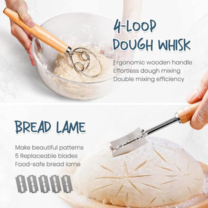 RORECAY Bread Banneton Proofing Basket Set, 9 Inch Round & 10 Inch Oval Cane Sourdough Baskets with Dough Whisk Bread Lame Dough Scraper Bowl Scraper Silicone Brush Sourdough Bread Baking Supplies