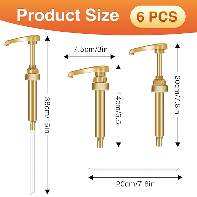 VOISEN Coffee Syrup Pumps, 6 Pack Gold Syrup Pump, Skinny Syrup Pump for 750ml 25.4oz Syrup Bottle, Syrup Pump Dispenser for Kitchen Dinning Coffee Bar Drinking Mixes,Davinci,Jordans