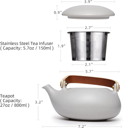 ZENS Vintage Japanese Teapot with Strainer, 27oz Matte Ceramic Loose Leaf Teapot with Infuser, Wood Handle Gray Japanese Teapots Hot Tea Brewer Pot for Women, Tea Lovers Gifts