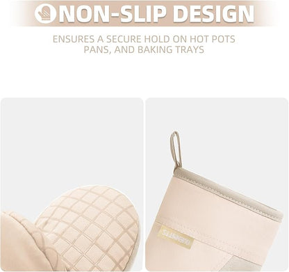 Mini Oven Mitts, Kitchen Oven Gloves Kitchen Mittens 500 Degrees Heat Resistant Baking Gloves, Non-Slip Silicone Surface with Hanging Loops Hot Gloves for Cooking, Baking, BBQ 1 Pair-Khaki