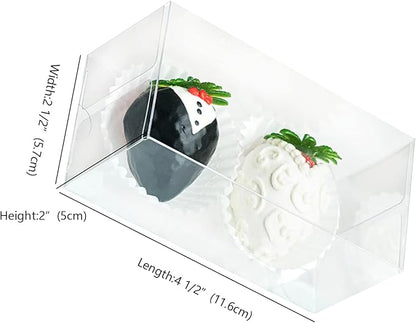 RomanticBaking 100 Pack 4 1/2" x 2 1/4" x 2" Small Chocolate Covered Strawberries Boxes for Mini Cupcakes, Hot Cocoa Bombs, Clear Plastic Party Favors for Christmas