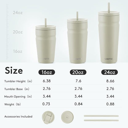 COKTIK 20oz Insulated Tumbler with Lid and Straw 2 Lids (Straw/Flip) Iced Coffee Cup Reusable Stainless Steel Travel Mug Water Bottle Cupholder Friendly for Women Men Her Him (Almond Birch)