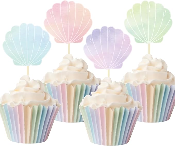 24 Pieces Seashell Cupcake Toppers Under the Sea Mermaid Cake Topper Decorations Picks for Mermaid theme Birthday Party Decoration Baby Shower Supplies (Seashell)