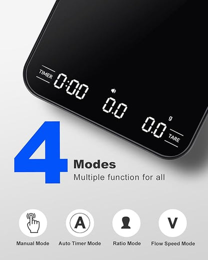 Lamido Rechargeable Mini Coffee Scale with Timer, Espresso Scale with Powder to Water Ratio and Water Flow Modes, 2kg/0.1g Digital Scale for Espresso and Pour-Over, Portable Scale with Silicone Pad