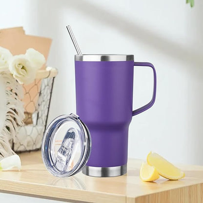 20oz Insulated Tumbler with Handle Stainless Steel Travel Coffee Mug with Lid and Straw Double Wall Vacuum Leak-proof Reusable Thermal Water Cup for Hot and Cold Drinks (Purple,1 Pack)