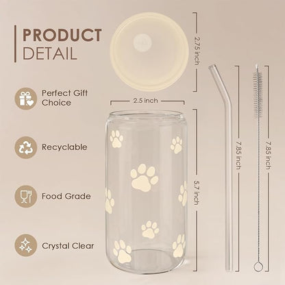 Paw Print 16oz Can Glass Tumbler with Acrylic Lid & Straw - Iced Coffee Cup for Women Cat Dog Mom, Aesthetic Cups Gifts for Birthday Christmas