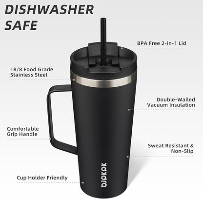 BJPKPK Insulated Tumbler with Handle, 22oz Insulated Tumblers with Lid and Straw, Stainless Steel Metal Water Bottles, Coffee Travel Mugs, Cups, Black