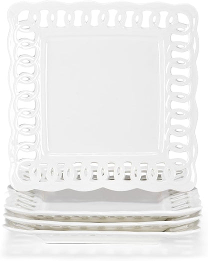 Ceramic Square Dinner Plates, 11 inch Square Serving Plate Set of 4 for Steak Pasta Salad Snacks Pizza Appetizer, New Bone Porcelain Plates with Lace Rim, Party Wedding Birthday Christmas Gift, White