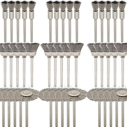 45-Piece Wire Brush Set - Metal Rust Removal, Polishing, Cleaning - Shaft 1/8″ (3mm) - Removes Burrs, Dust, and Oxide Layer - Handles Rough Surfaces - Designed for Industrial and DIY Enthusiasts