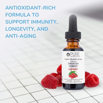 Pure Inventions - Green Tea Raspberry Water Infusion Drops - Antioxidants & Electrolytes - Health & Wellness Drink - Immunity Support - Sugar Free, Zero Calorie, No Artificial Sweeteners - 30 Servings