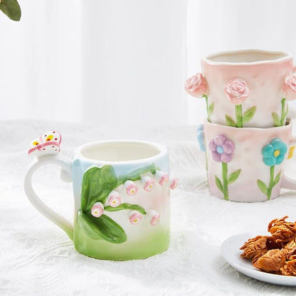 3D Flower Coffee Mug Pink Rose Ceramic Cup,12 oz Cute Handmade Mugs,Christmas Birthday Surprise for Friends Family or Flower Lovers (Pink Rose)