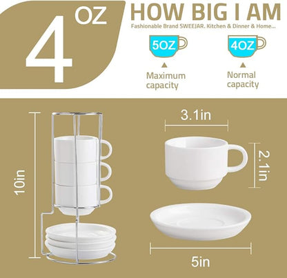 Sweejar Porcelain Espresso Cups with Saucers, 4 Ounce Stackable Cappuccino Cups with Metal Stand for Coffee Drinks, Latte, Tea - Set of 4 (Red)