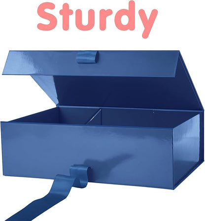 HAPPY POTATO Large Gift Box with Lids and Ribbon 13.5x9x4.1 Inches, Groomsman Proposal Box, Magnetic Blue Gift Box for presents (Glossy Blue)