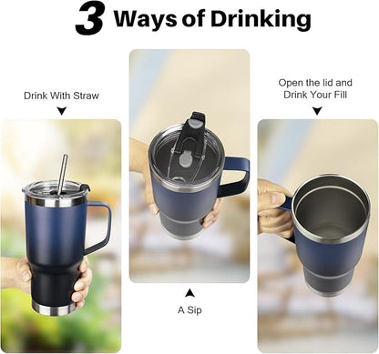 20 oz Tumbler with Handle, Stainless Steel Insulated Tumbler with Lid and Straw, Double Wall Vacuum Coffee Mug Cup, Insulated Coffee Thermal Cup for Cold and Hot (Blue Black)