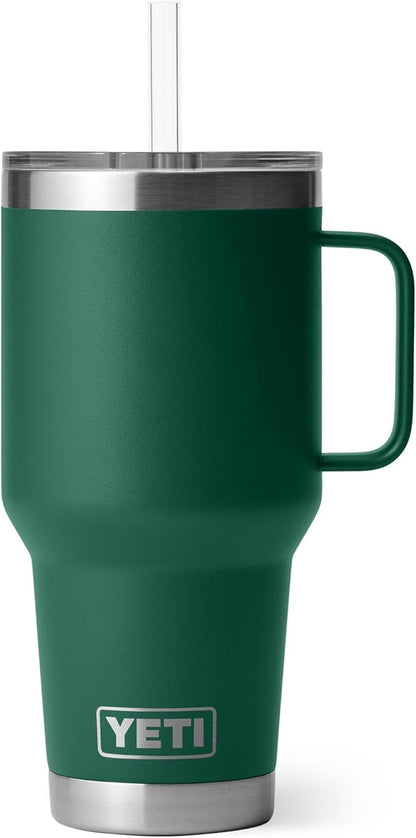 YETI Rambler 35 oz Tumbler with Handle and Straw Lid, Travel Mug Water Tumbler, Vacuum Insulated Cup with Handle, Stainless Steel, Black Forest Green