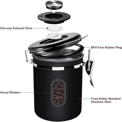 1500ML Airtight Coffee Canister with Date Tracker&Transparent Window, 18OZ Coffe Beans Storage with 30ML Measure Spoon&4 co2 Valve, Coffee Container for Grounds Coffee, Beans, Tea, Sugar, Flour(Black)