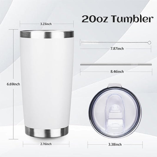 20oz Tumbler Bulk with Lid and Straw, Stainless Steel Double Wall Vacuum Insulated Travel Mug, Powder Coated Coffee Cups for Hot and Cold Drinks,Funny Gifts for Women Men(White,6)