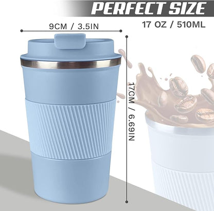 Vacuum-Insulated Stainless Steel Travel Coffee Mug, Leak-Proof Reusable Coffee Cup with Lid - Keep Hot & Cold Drinks for Hours, Durable Thermos Tumbler for Men & Women (3rd-Light Blue, 17OZ)