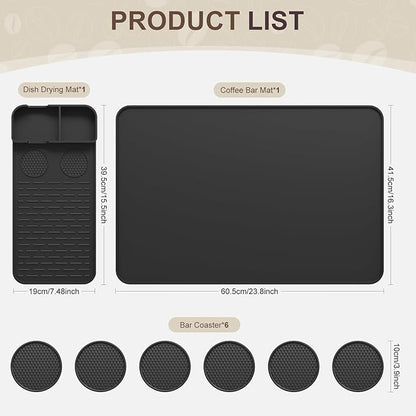 Silicone Coffee Mat with 6PCS Coasters,24''x16'' Kitchen Bar Accessories Fits Under Coffee Maker and Pot,Espresso Machine,Detachable Dish Drying Mat for Tamper,Sugar Packets,Cups,Countertop Protection