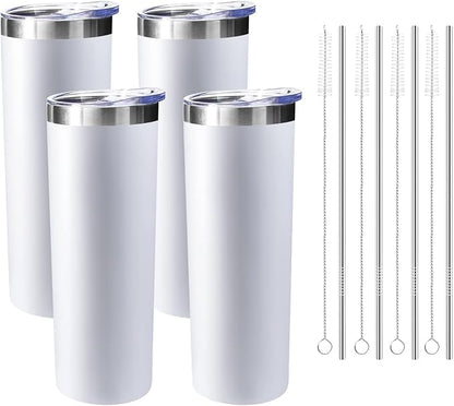 20 oz Skinny Tumblers with Lid and Straw,Stainless Steel Vacuum Insulated Tumbler Cup Double Wall Travel Coffee Mug, Thermal Water Tumbler for Hot and Cold Drinks(White,4)
