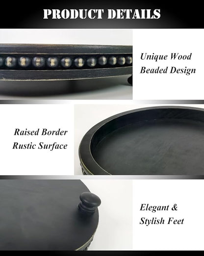 12 Inches Rustic Wooden Decorative Tray, Small Round Beaded Wood Tray for Kitchen Dinning Table Centerpiece Decor Entryway Living Room Home Decor, Black