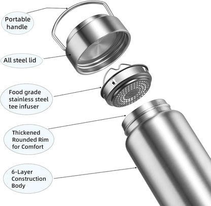 Vacuum Insulated Stainless Steel Water Bottle with Tea Infuser - Wide Mouth,BPA-Free, Leak- Proof,Keeps Cold 24H/ Hot 12H- Ideal for Travel,Office, Gym (12oz)