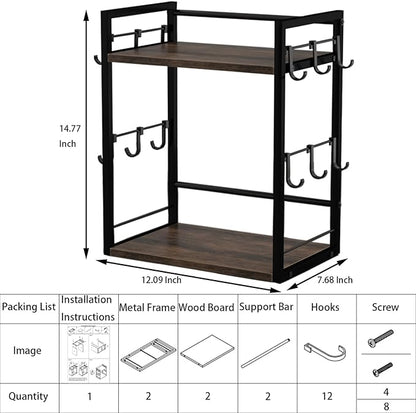 Dorhors 2 Tier Coffee Bar Accessories and Organizer,Multi-functional Mug Holder with 12 Hooks,Wood Coffee Station Organizer,Kitchen Countertop Shelf