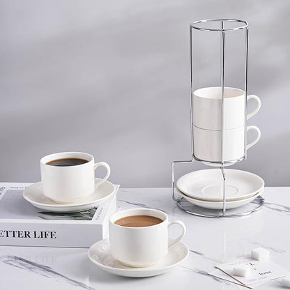 8 Ounce Porcelain Cappuccino Cups with Saucers and Silver Stand, White Cups Set of 4