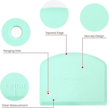Unicook Dough Scraper Cutter, Flexible Plastic Bench Scraper for Baking Pizza/Pastry/Cake, Multipurpose Baking Tools with Measuring Scale, 2 Pack