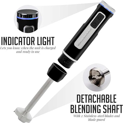 OVENTE Cordless Immersion Hand Blender, Rechargeable Handheld Portable Stick Mixer with 8 Mixing Speed Option, One-Touch Control and Stainless Steel Blades for Smoothies, Shakes or Soups, Black HR781B