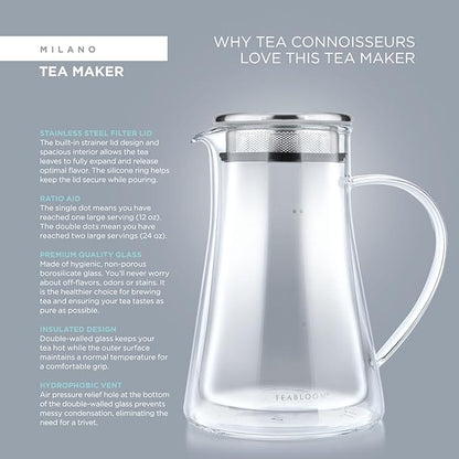 Teabloom Insulated Teapot Keeps Tea Hot – Tea Maker For Two (24 oz) – Double Wall Heatproof Glass Tea Steeper with Stainless Steel Filter Lid for Loose Leaf Tea