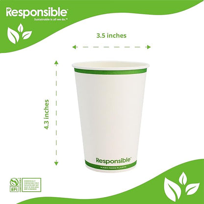 12 oz Paper Hot Cups, Tree-Less™ Compostable Paper Coffee Cups, Extra Strength, Tree-Free and Made Without PFAS, White (1000 Count)