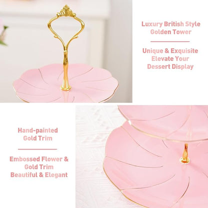 DUJUST Luxury Porcelain 3-Tier Cupcake Stand Tower, British Style Serving Tray with Golden Trim, Food Grade Dessert Display Stand, Beautiful Gift for Tea Party & Home Décor - Pink