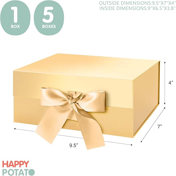 HAPPY POTATO 5 Christmas Gift Boxes with Ribbon 9x6.5x3.8 Inches, Gold Gift Boxes with Lids, Collapsible Boxes, Magnetic Closure Boxes for all occasion (Glossy Gold, Pack of 5)
