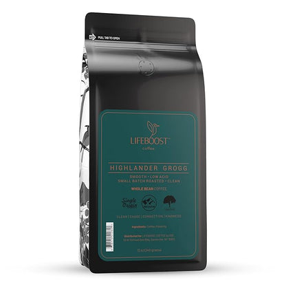 Lifeboost Highlander Grogg Whole Bean Coffee - Non-GMO Low Acid Single Origin Flavored Coffee Beans - Third Party Tested For Mycotoxins & Pesticides - 12 Ounces