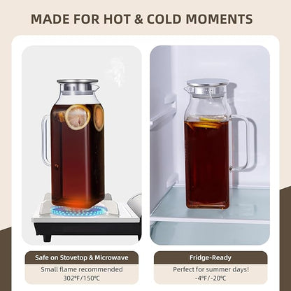 2 Pack Square Glass Water Pitcher with Lid and Spout, 2L/68oz Heat Resistant Borosilicate Glass Carafe, Temperature Safe