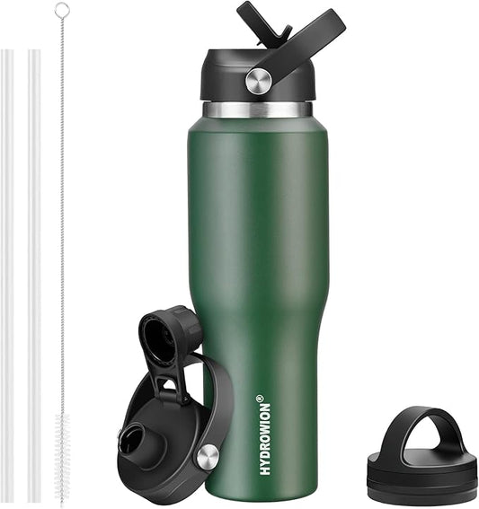 40 oz Insulated Water Bottle with Straw fit in Car Cup Holder(Cold 48 hrs, Hot 24 hrs) Drinking Bottle with Straw Lid, Spout Lid and Flex Cap Leakproof Travel Thermo Mug，Olive