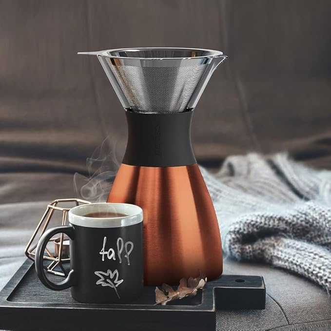 asobu Insulated Pour Over Coffee Maker (32 oz.) Double-Wall Vacuum, Stainless-Steel Filter and Take on the Go Carafe (Copper)