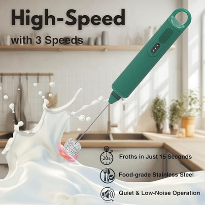 Rechargeable Milk Frother Handheld 3 Speed Coffee Foamer [3 Whisk] Electric Drink Mixer for Latte, Cappuccino, Coffee, Eggs, Hot Chocolate,Grass Green